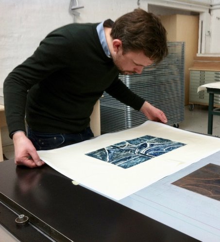 Mathias Malling Mortensen working on his monotype series at Printer's Proof